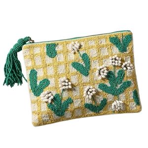 Anthropologie The Fiona Large Beaded Pouch Yellow Lattice Floral